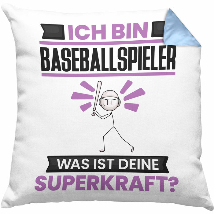 Baseballspieler Kissen mit Füllung 40x40 Geschenk für Baseballspieler Geburtstag Lustiger Spruch Was Ist Deine Superkraft (Grau) Blau Trendation