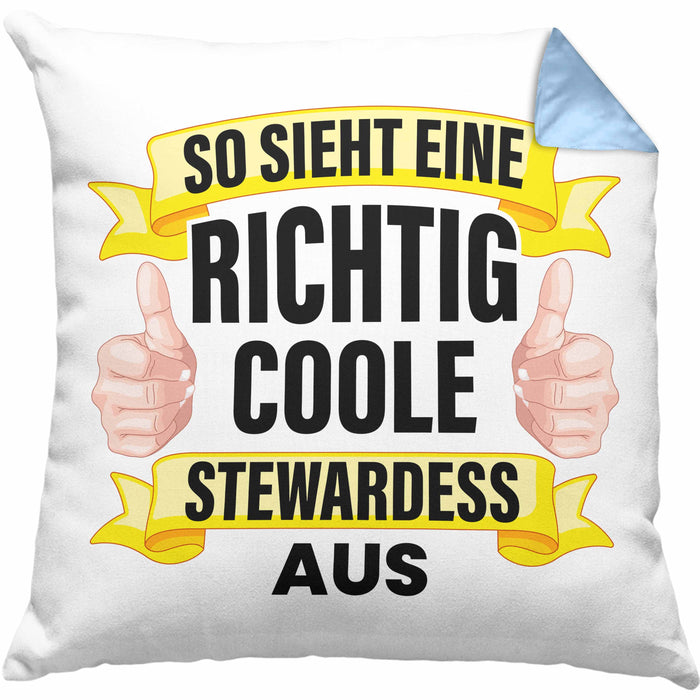 Stewardess Kissen mit Füllung 40x40 Geschenk für Stewardessin Lustiger Spruch Lustig Flugbegleiterin Sprüche (Grau) Blau Trendation