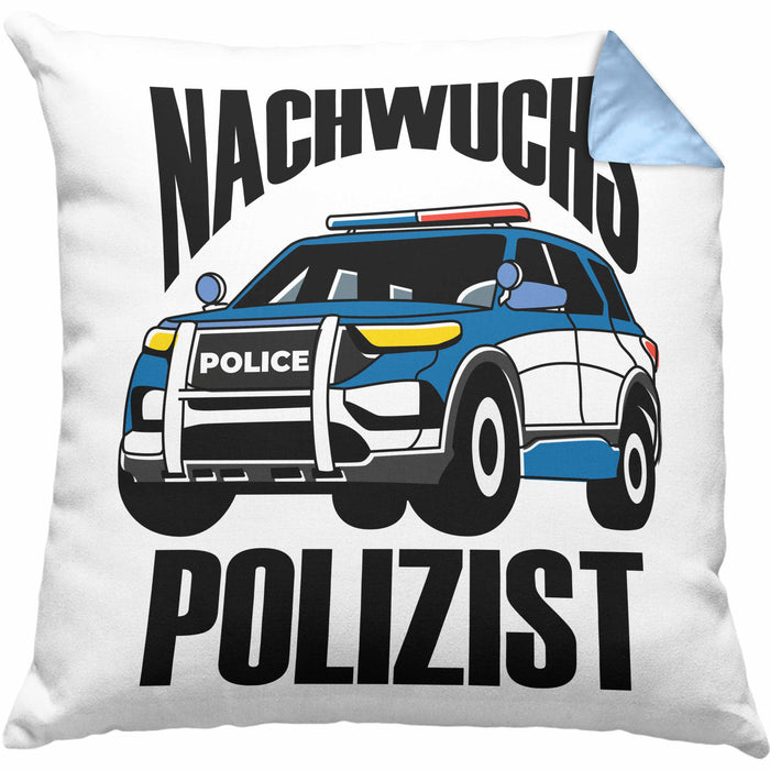 Einschulung Kissen mit Füllung 40x40 für Jungs - "Nachwuchs Polizist" Geschenk kleine Schulanfänger (Grau) Blau Trendation