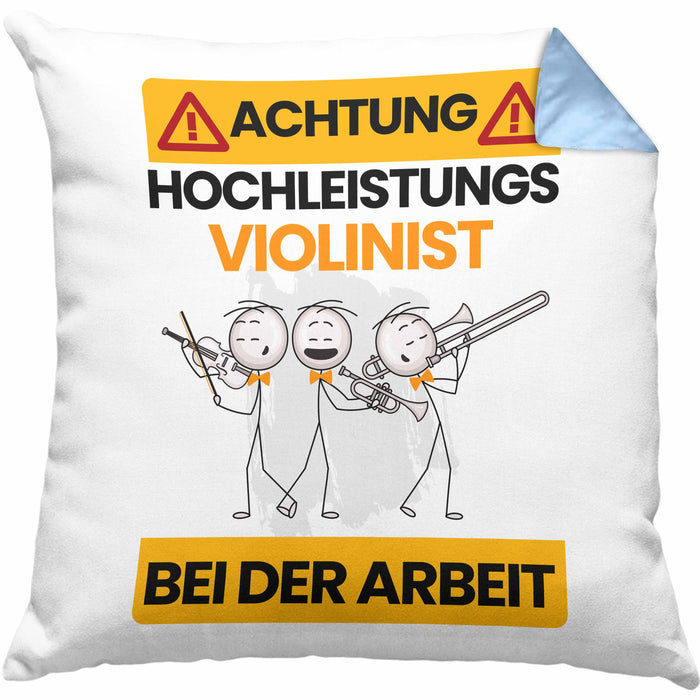 Violinist Kissen mit Füllung 40x40 Geschenk Lustiger Spruch Geschenkidee für Violinist Achtung Hochleistungs Violinist Bei Der Arbeit (Grau) Blau Trendation