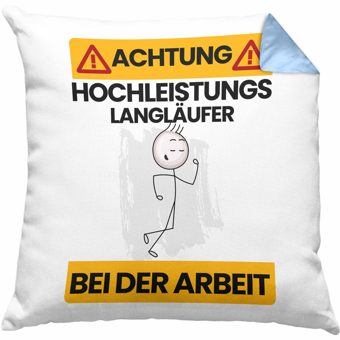 Langläufer Kissen mit Füllung 40x40 Geschenk Lustiger Spruch Geschenkidee für Langläufer Achtung Hochleistungs Langläufer Bei Der Arbeit (Grau) Blau Trendation