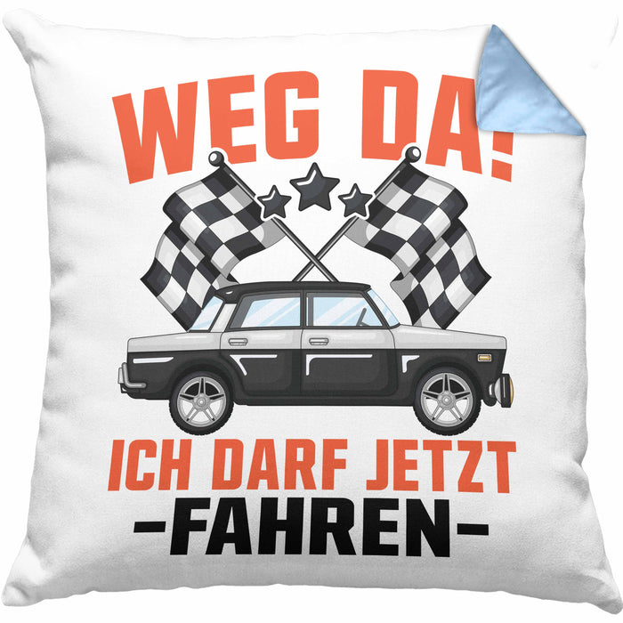 Führerschein Bestanden Geschenk Kissen mit Füllung 40x40 Bestandener Führerschein Weg Da Ich Darf Jetzt Fahren Fahrschule (Grau) Blau Trendation