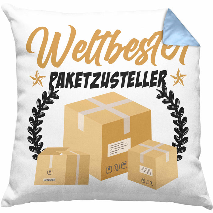 Paketzusteller Geschenk Kissen mit Füllung 40x40 Spruch Weltbester Paketzusteller Postbote (Grau) Blau Trendation