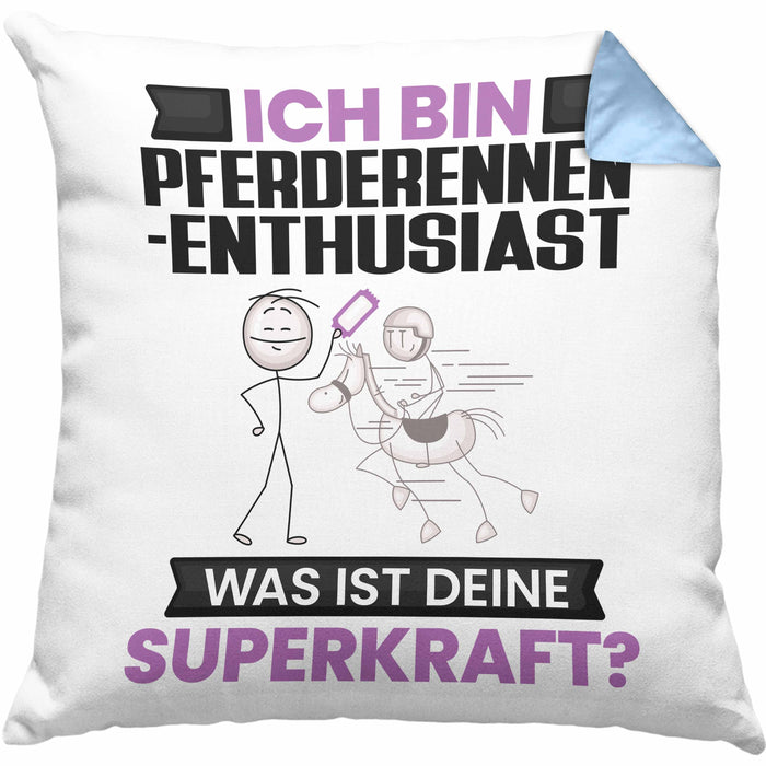 Pferderennen-Enthusiast Kissen mit Füllung 40x40 Geschenk für Pferderennen-Enthusiast Geburtstag Lustiger Spruch Was Ist Deine Superkraft (Grau) Blau Trendation