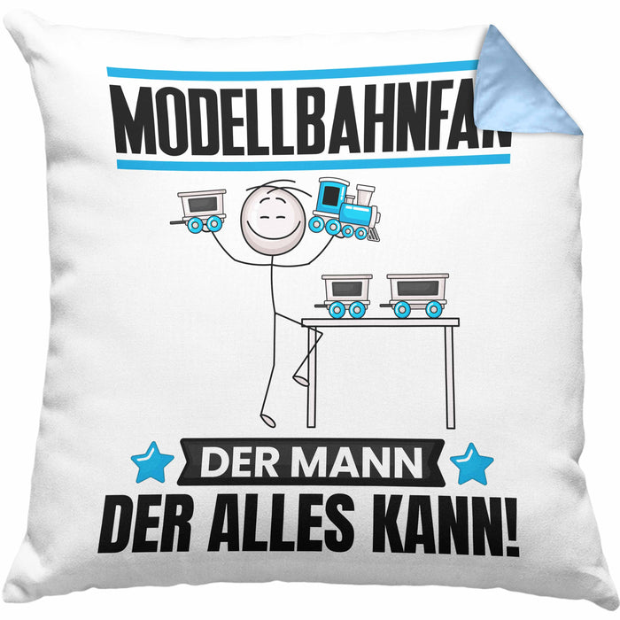 Modellbahnfan Kissen mit Füllung 40x40 Geschenk für Modellbahnfan Der Mann Der Alles Kann Geschenkidee zum Geburtstag (Grau) Blau Trendation