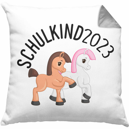 Schulkind 2024 Pferde Einschulung Mädchen Geschenk Kissen mit Füllung 40x40 Schulstart 1. Schultag Schuleinführung Schulanfang Geschenkidee 2024 Schulkind Pferde Einhorn Grafik (Grau) Grau Trendation