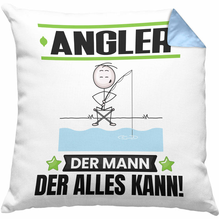 Angler Kissen mit Füllung 40x40 Geschenk für Angler Der Mann Der Alles Kann Geschenkidee zum Geburtstag (Grau) Blau Trendation