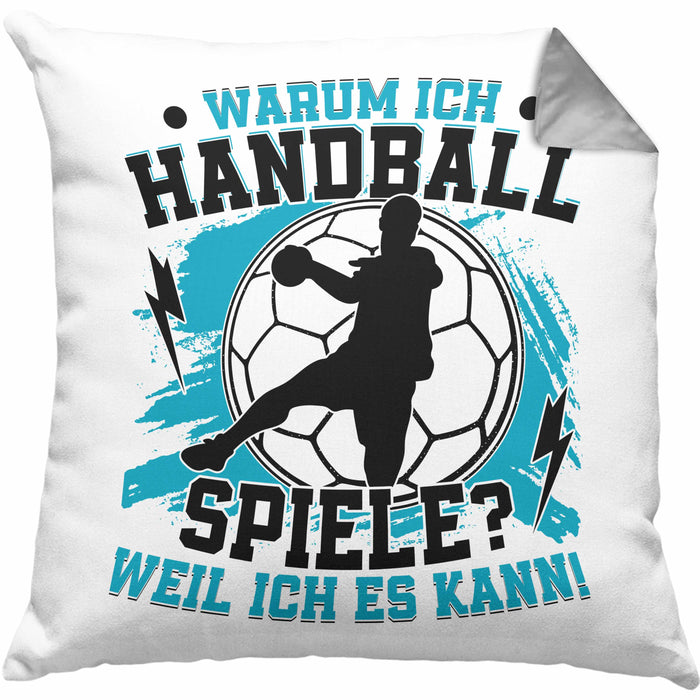 Handball Geschenk Kissen mit Füllung 40x40 Geschenkidee Handball-Spieler Handballspielerin Mädchen Jungs Warum Ich Handball Spiele? (Grau) Grau Trendation