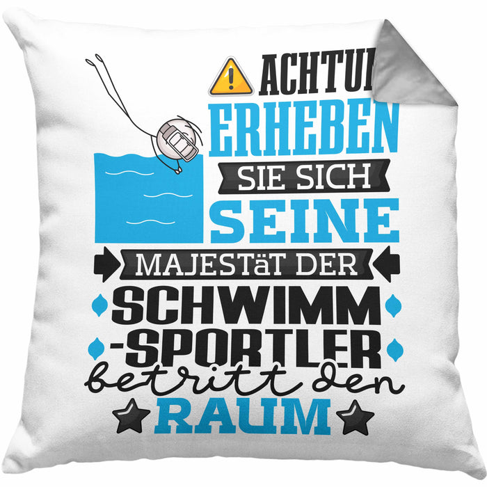 Schwimmsportler Geschenk Kissen mit Füllung 40x40 Lustiger Spruch Erheben Sie Sich Der Schwimmsportler Betritt den Raum (Grau) Grau Trendation