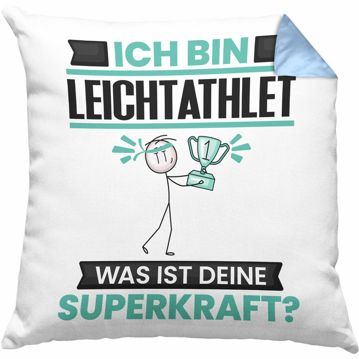 Leichtathlet Kissen mit Füllung 40x40 Geschenk für Leichtathlet Geburtstag Lustiger Spruch Was Ist Deine Superkraft (Grau) Blau Trendation