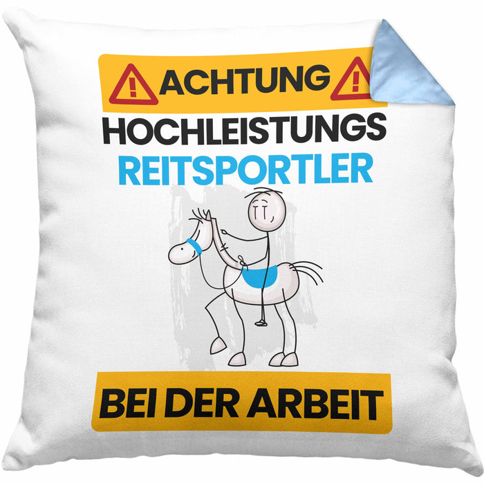Reitsportler Kissen mit Füllung 40x40 Geschenk Lustiger Spruch Geschenkidee für Reitsportler Achtung Hochleistungs Reitsportler Bei Der Arbeit (Grau) Blau Trendation