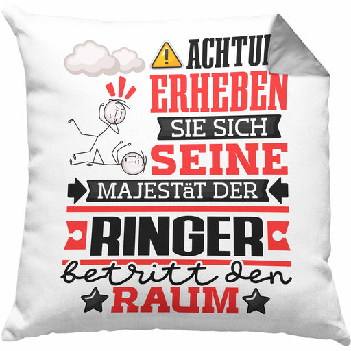 Ringer Geschenk Kissen mit Füllung 40x40 Lustiger Spruch Erheben Sie Sich Der Ringer Betritt den Raum (Grau) Grau Trendation