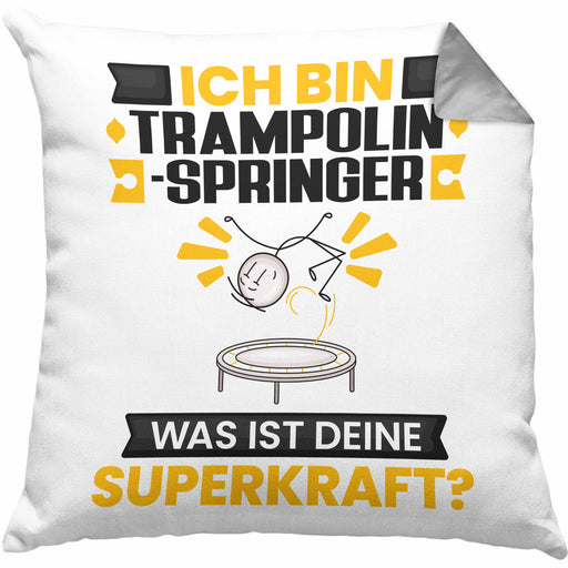 Trampolinspringer Kissen mit Füllung 40x40 Geschenk für Trampolinspringer Geburtstag Lustiger Spruch Was Ist Deine Superkraft (Grau) Grau Trendation