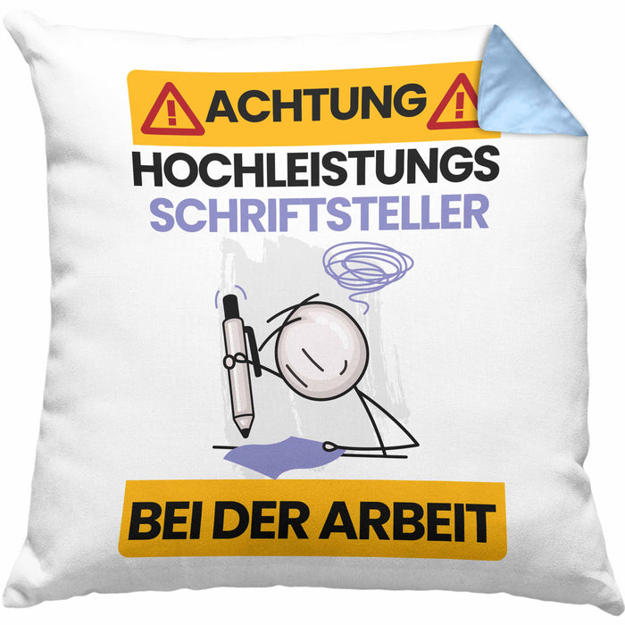 Schriftsteller Kissen mit Füllung 40x40 Geschenk Lustiger Spruch Geschenkidee für Schriftsteller Achtung Hochleistungs Schriftsteller Bei Der Arbeit (Grau) Blau Trendation