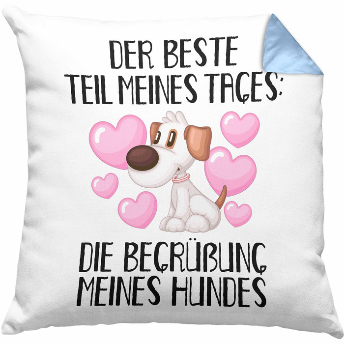 Hundebesitzer Kissen mit Füllung 40x40 Geschenk Bester Teil Des Tages Die Begrüßung Meines Hundes Geschenkidee Hunde Mama Frauchen Herrchen (Grau) Blau Trendation