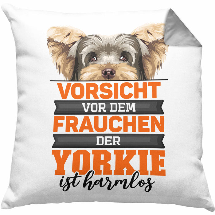 Yorkie-Besitzer Geschenk Kissen mit Füllung 40x40 Hund Yorkie Liebhaber Geschenkidee Vorsicht Vor Dem Frauchen Der Yorkie Ist Harmlos (Grau) Grau Trendation