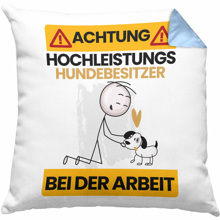 Hundebesitzer Kissen mit Füllung 40x40 Geschenk Lustiger Spruch Geschenkidee für Hundebesitzer Achtung Hochleistungs Hundebesitzer Bei Der Arbeit (Grau) Blau Trendation