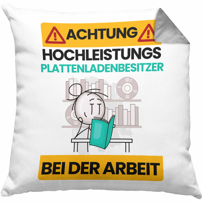 Plattenladenbesitzer Kissen mit Füllung 40x40 Geschenk Lustiger Spruch Geschenkidee für Plattenladenbesitzer Achtung Hochleistungs Plattenladenbesitzer Bei Der Arbeit (Grau) Grau Trendation
