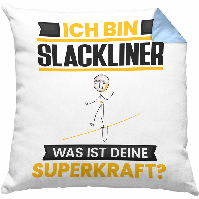 Slackliner Kissen mit Füllung 40x40 Geschenk für Slackliner Geburtstag Lustiger Spruch Was Ist Deine Superkraft (Grau) Blau Trendation
