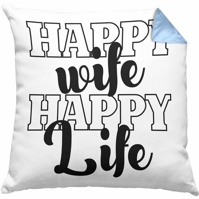 Lustige Kissen mit Füllung 40x40 Geschenk für Ehemann Spruch Happy Wife Happy Life Ehemann Geschenkidee (Grau) Blau Trendation
