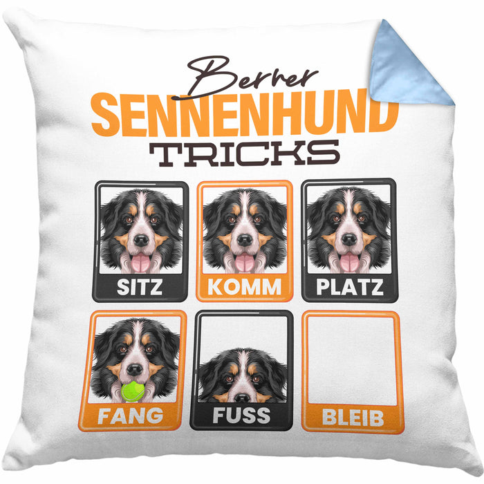 Berner Sennen Besitzer Kissen mit Füllung 40x40 Geschenk Lustiger Spruch Geschenkidee Berner Sennen Tricks Bleib (Grau) Blau Trendation