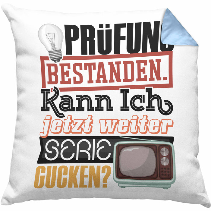 Bachelor Master Prüfung Bestanden Geschenk Kissen mit Füllung 40x40 Studium Prüfung Bestanden Kann Ich Jetzt Weiter Serie Gucken (Grau) Blau Trendation