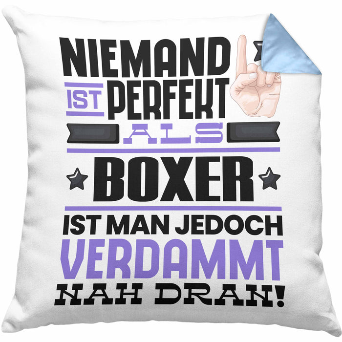 Boxer Geschenk Kissen mit Füllung 40x40 Lustige Geschenkidee für Boxer Geburtstag Niemand Ist Perfekt Aber Als Boxer Ist Man Nah Dran (Grau) Blau Trendation