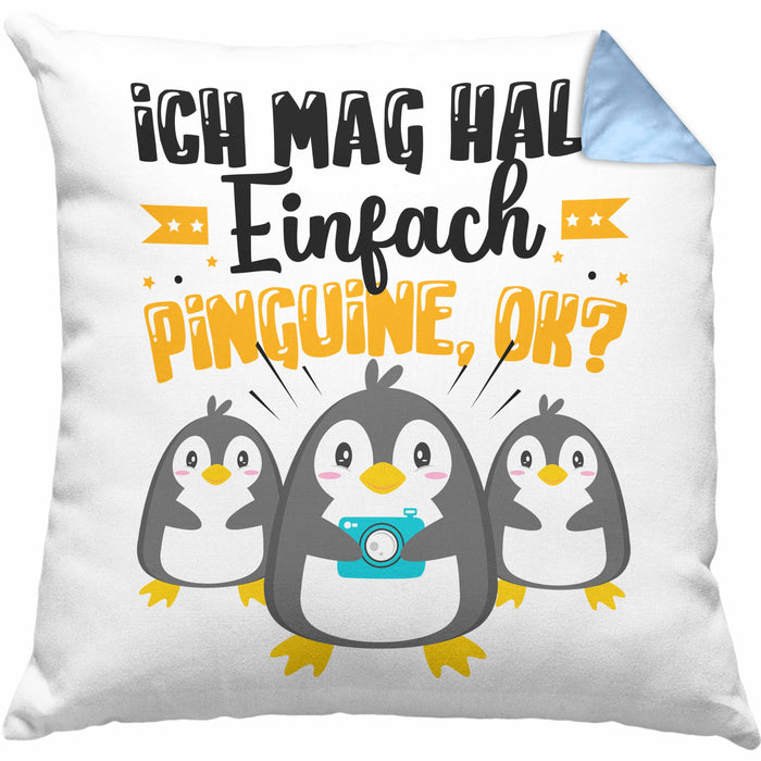 Pinguine Geschenk Kissen mit Füllung 40x40 Mädchen Geschenkdiee Pinguin-Liebhaberin Ich Mag Halt Einfach Pinguine Ok (Grau) Blau Trendation