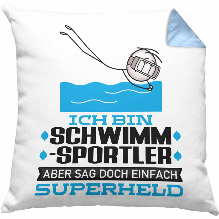 Schwimmsportler Geschenk Kissen mit Füllung 40x40 Ich Bin Schwimmsportler Aber Sag Doch Einfach Superheld Lustige Geschenkdiee für Schwimmsportler (Grau) Blau Trendation