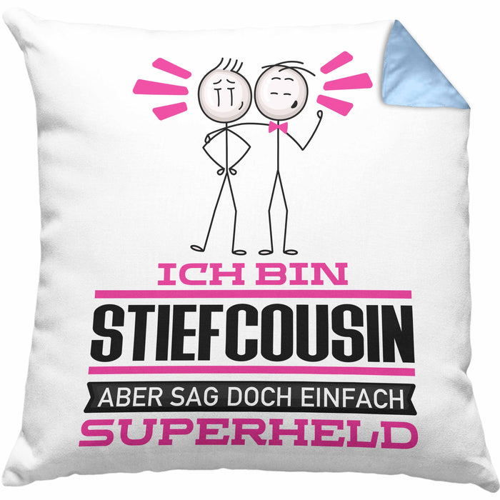 Stiefcousin Geschenk Kissen mit Füllung 40x40 Ich Bin Stiefcousin Aber Sag Doch Einfach Superheld Lustige Geschenkdiee für Stiefcousin (Grau) Blau Trendation