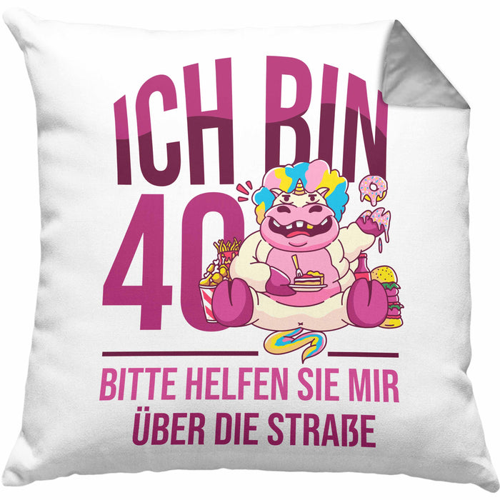 Lustige Kissen mit Füllung 40x40 zum 40. Geburtstag - Geschenkidee für Frauen Einhorn 40er Geburtstag (Grau) Grau Trendation