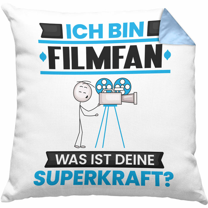 Filmfan Kissen mit Füllung 40x40 Geschenk für Filmfan Geburtstag Lustiger Spruch Was Ist Deine Superkraft (Grau) Blau Trendation