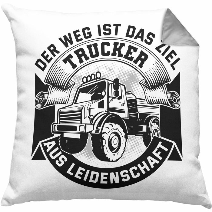 Trucker Geschenk Kissen mit Füllung 40x40 Der Weg Ist Das Ziel Trucker LKW Fahrer Geschenkidee (Grau) Grau Trendation