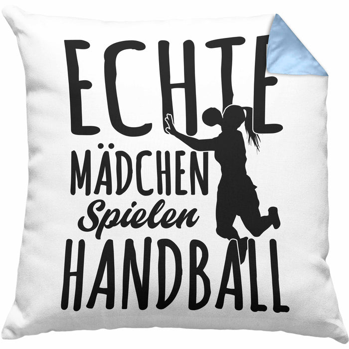 Mädchen Handball-Spielerin Kissen mit Füllung 40x40 Geschenk Spruch Echte Mädchen Spielen Handball Geschenkidee Frauen (Grau) Blau Trendation