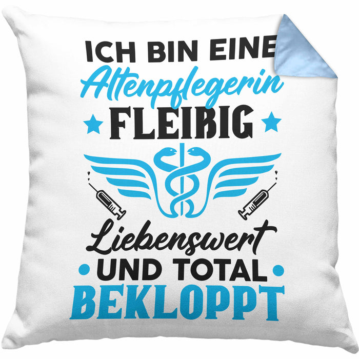 Altenpflegerin Kissen mit Füllung 40x40 Geschenk Altenpflege Geschenkidee Liebenswert und Total Bekloppt Altenheim (Grau) Blau Trendation