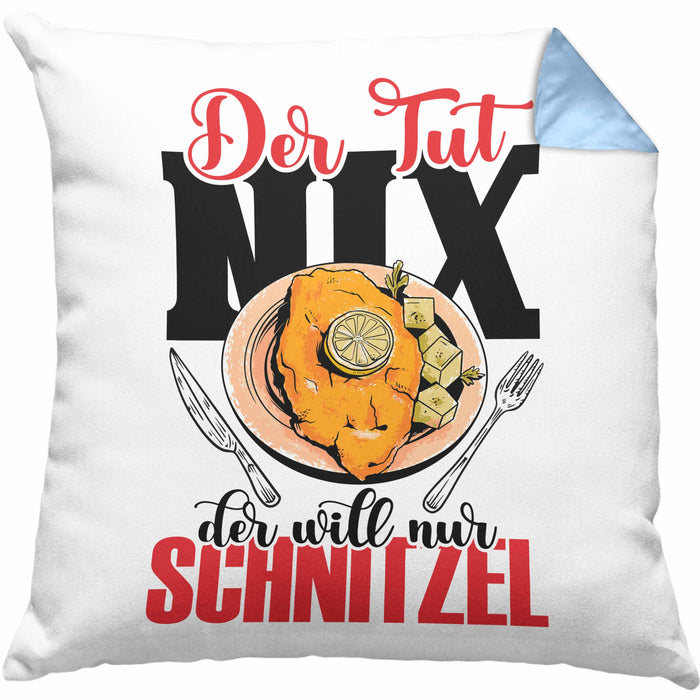 Schnitzel Kissen mit Füllung 40x40 "Der tut nix, der will nur Schnitzel" Geschenkidee für Schnitzelliebhaber (Grau) Blau Trendation