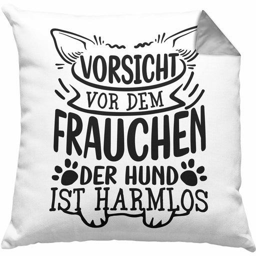 Frauchen Kissen mit Füllung 40x40 Geschenk Hundebesitzerin Spruch Geschenkidee Hunde Besitzerin Vorsicht Vor Dem Frauchen Der Hund Ist Harmlos (Grau) Grau Trendation