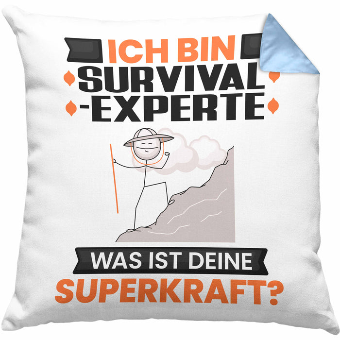 Survival-Experte Kissen mit Füllung 40x40 Geschenk für Survival-Experte Geburtstag Lustiger Spruch Was Ist Deine Superkraft (Grau) Blau Trendation