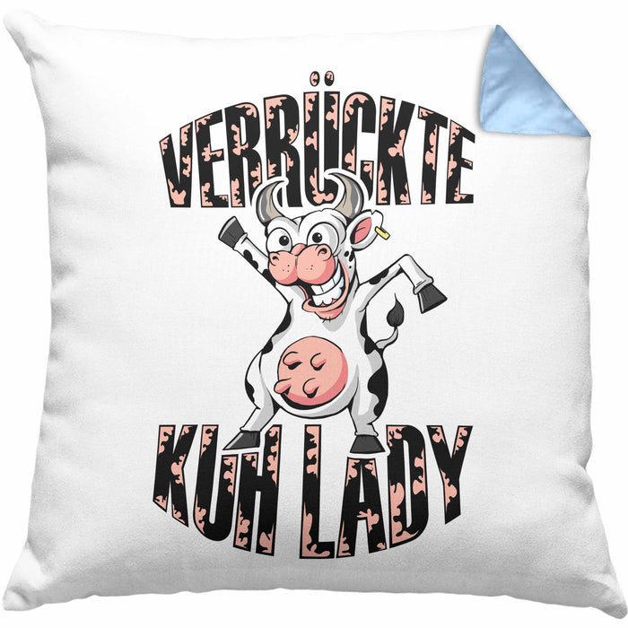 Lustige Kissen mit Füllung 40x40 Geschenk Frauen "Verrückte Kuhlady" Bauernhof Bäuerin (Grau) Blau Trendation