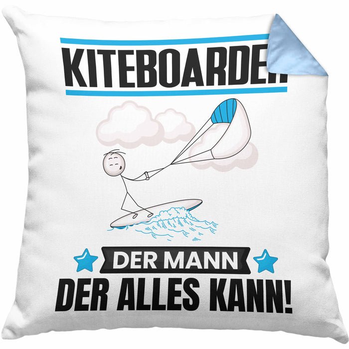 Kiteboarder Kissen mit Füllung 40x40 Geschenk für Kiteboarder Der Mann Der Alles Kann Geschenkidee zum Geburtstag (Grau) Blau Trendation