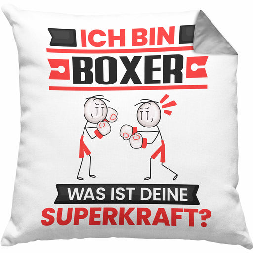 Boxer Kissen mit Füllung 40x40 Geschenk für Boxer Geburtstag Lustiger Spruch Was Ist Deine Superkraft (Grau) Grau Trendation