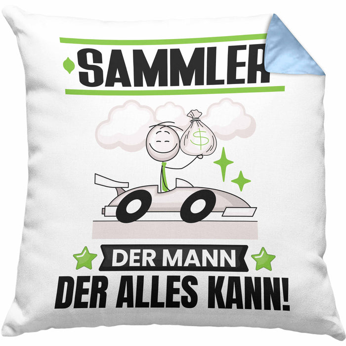 Sammler Kissen mit Füllung 40x40 Geschenk für Sammler Der Mann Der Alles Kann Geschenkidee zum Geburtstag (Grau) Blau Trendation