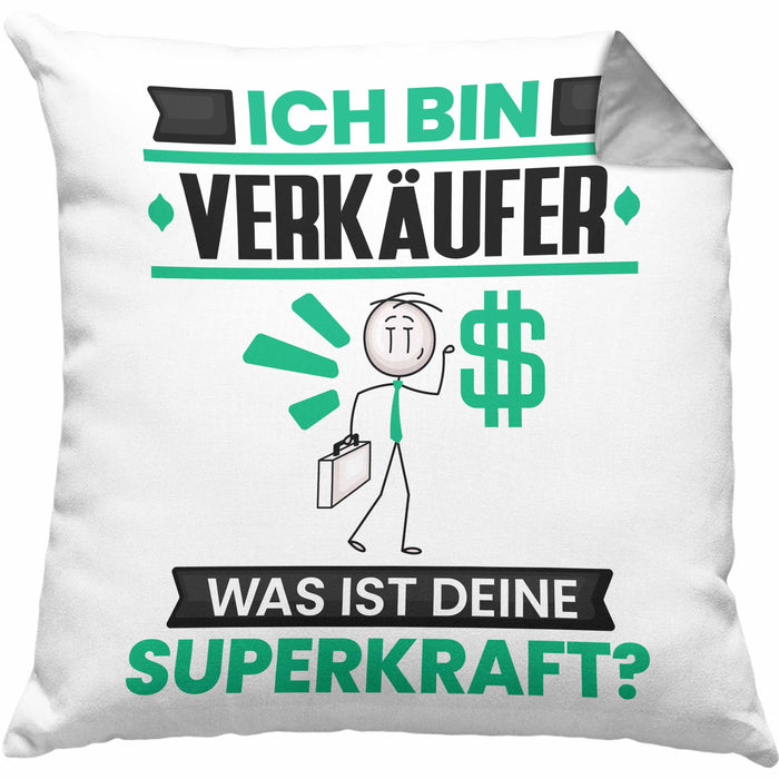 Verkäufer Kissen mit Füllung 40x40 Geschenk für Verkäufer Geburtstag Lustiger Spruch Was Ist Deine Superkraft (Grau) Grau Trendation