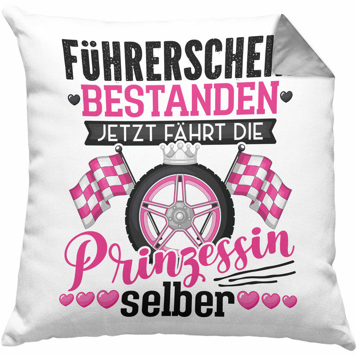 Führerschein Bestanden Geschenk Kissen mit Füllung 40x40 Bestandener Führerschein Jetzt Fährt Die Prinzessin Selber Motorrad Bike Fahrschule (Grau) Grau Trendation