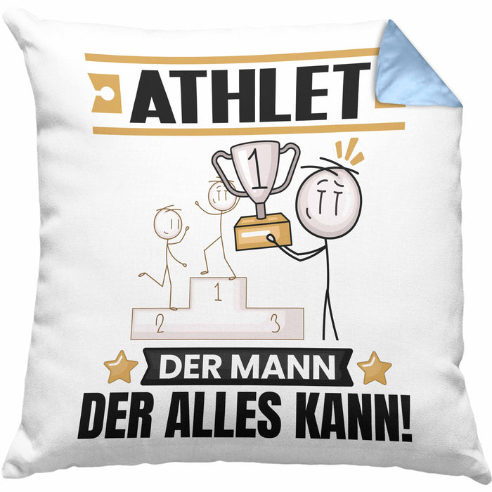 Athlet Kissen mit Füllung 40x40 Geschenk für Athlet Der Mann Der Alles Kann Geschenkidee zum Geburtstag (Grau) Blau Trendation
