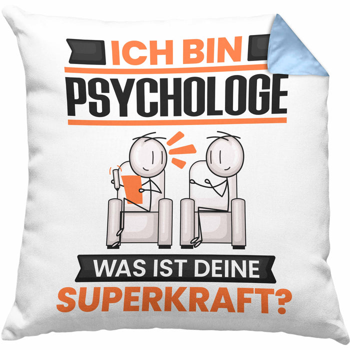 Psychologe Kissen mit Füllung 40x40 Geschenk für Psychologe Geburtstag Lustiger Spruch Was Ist Deine Superkraft (Grau) Blau Trendation