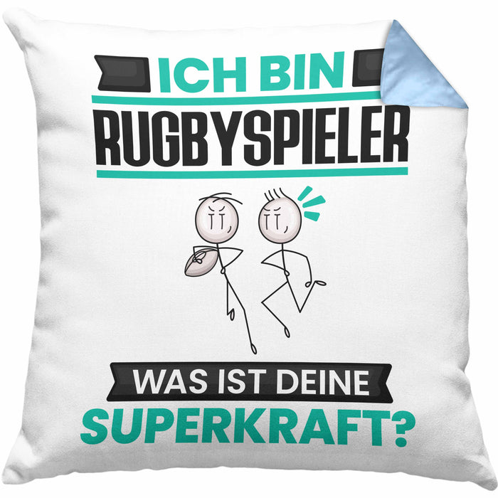 Rugbyspieler Kissen mit Füllung 40x40 Geschenk für Rugbyspieler Geburtstag Lustiger Spruch Was Ist Deine Superkraft (Grau) Blau Trendation