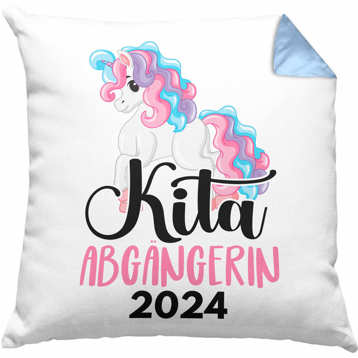 Kita Abgängerin 2024 Einschulung Mädchen Geschenk Kissen mit Füllung 40x40 Schulstart 1. Schultag Schuleinführung Schulanfang Geschenkidee Schulkind (Grau) Blau Trendation