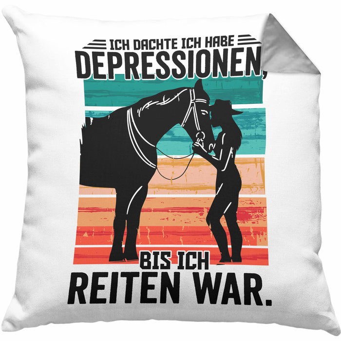 Reiterin Geschenk Kissen mit Füllung 40x40 Spruch Ich Dachte Ich Habe Depressionen Bis Ich Reiten War Geschenkidee (Grau) Grau Trendation