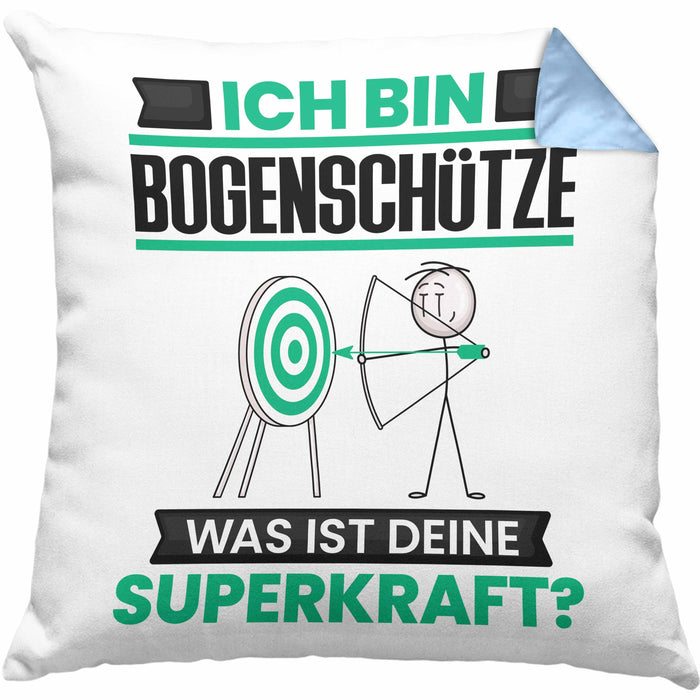 Bogenschütze Kissen mit Füllung 40x40 Geschenk für Bogenschütze Geburtstag Lustiger Spruch Was Ist Deine Superkraft (Grau) Blau Trendation
